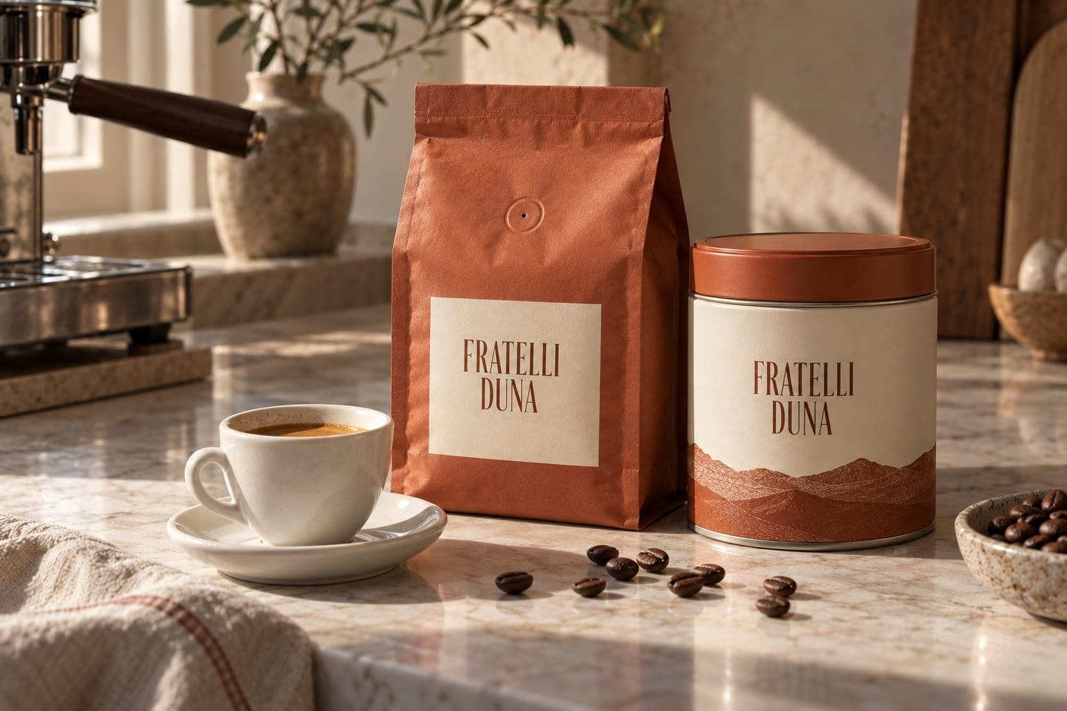 A Fratelli Duna coffee bag and tin beside an espresso on a marble counter