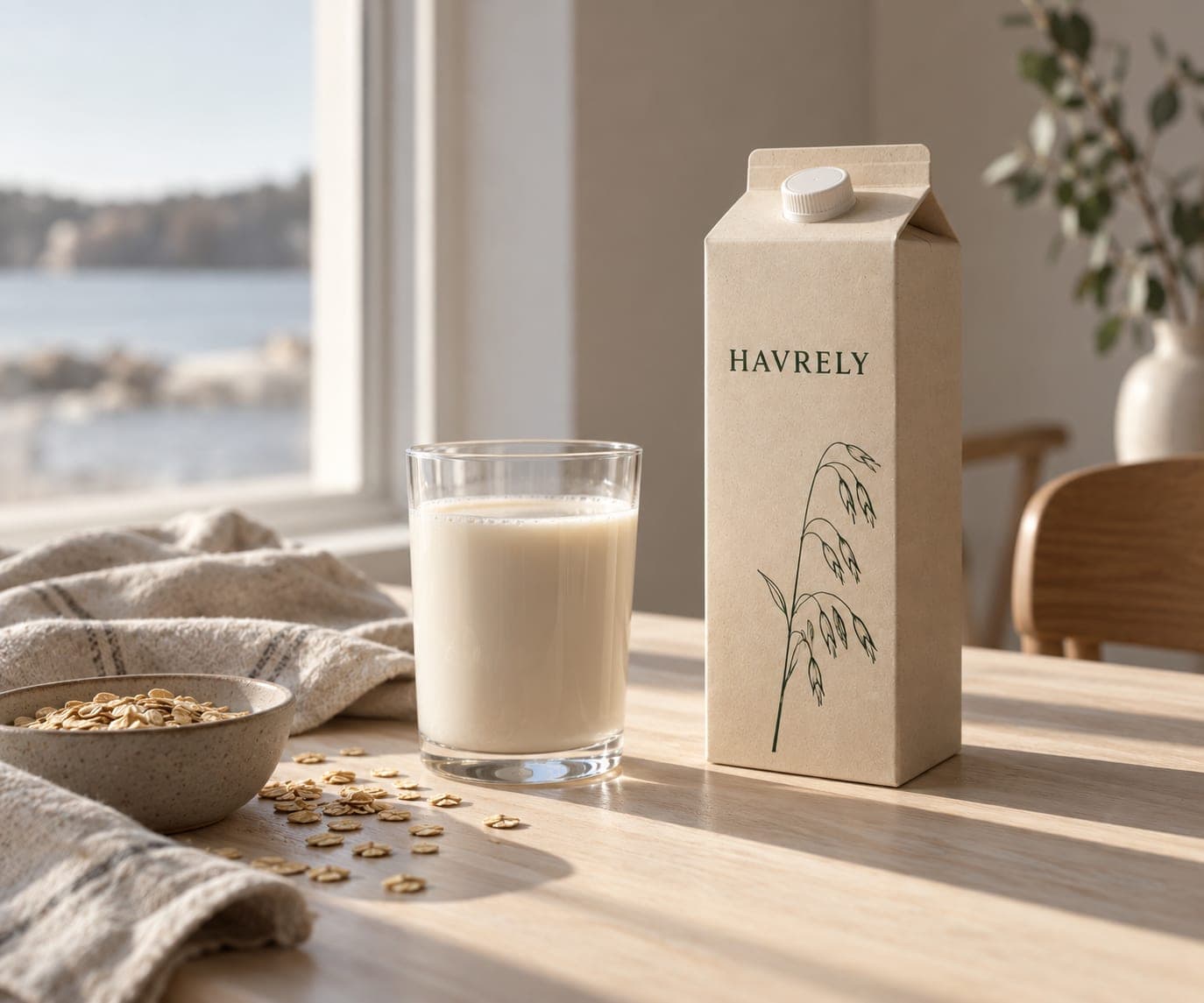 A Havrely oat drink carton beside a glass of oat milk on a pale wooden table