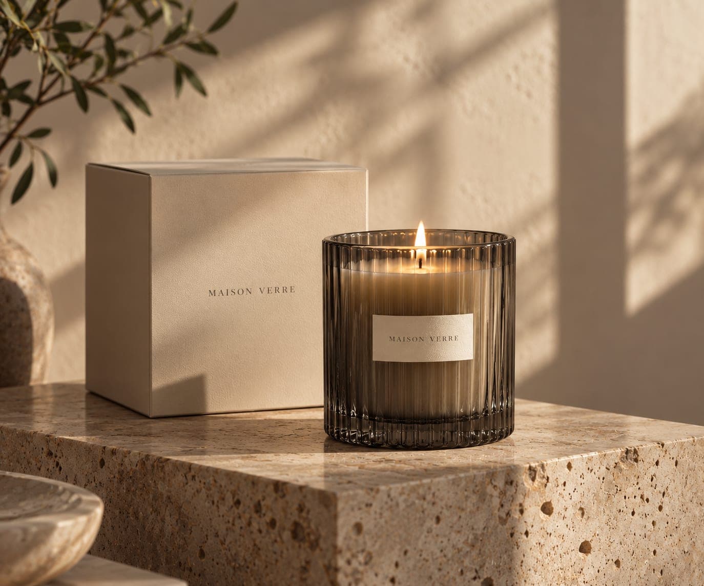 A lit Maison Verre candle in smoked ribbed glass on a travertine plinth