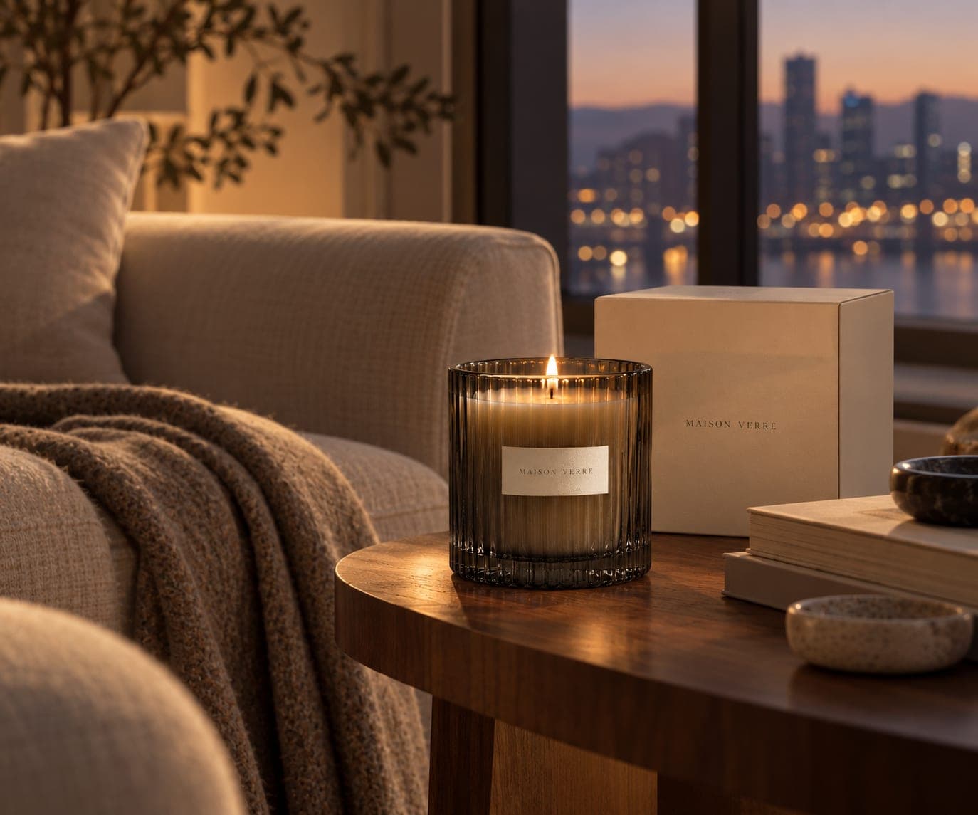 A Maison Verre candle lit on a side table in a Seoul apartment at dusk