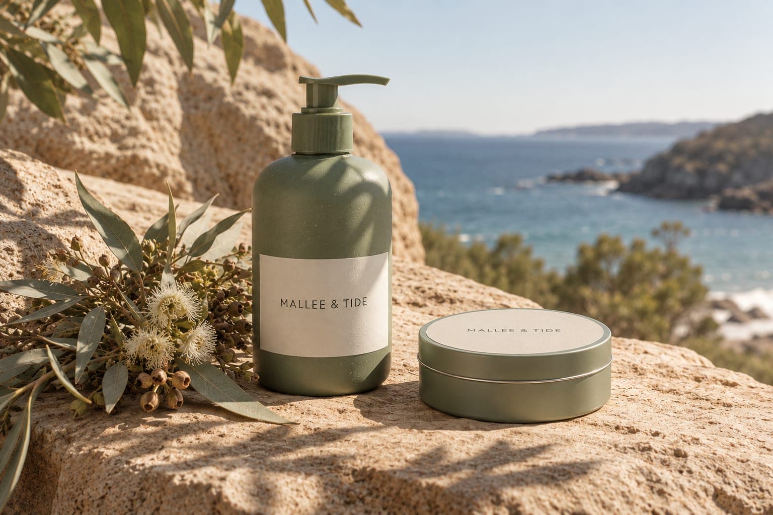 A Mallee & Tide body wash and balm tin on sandstone with native foliage