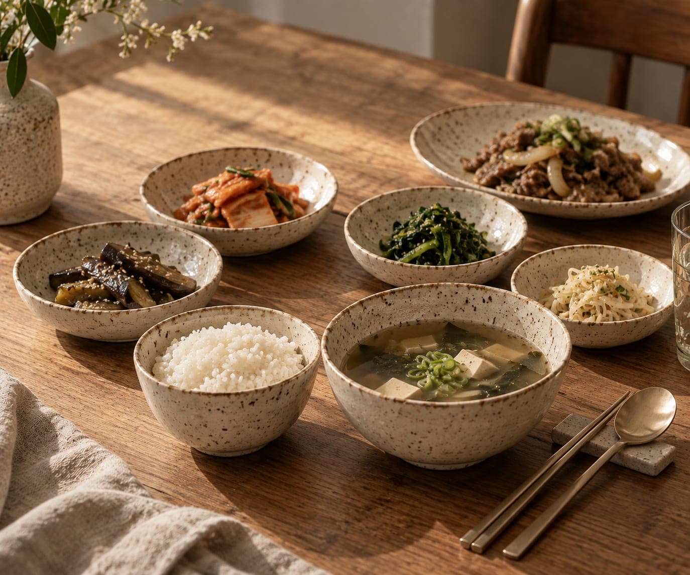 A Korean home meal of rice, soup and banchan served in Oficina Alva bowls