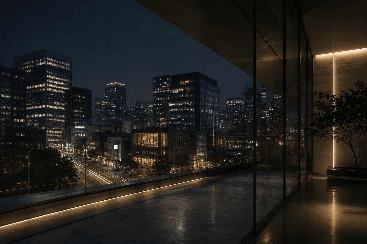 Night view over a city skyline from an office interior