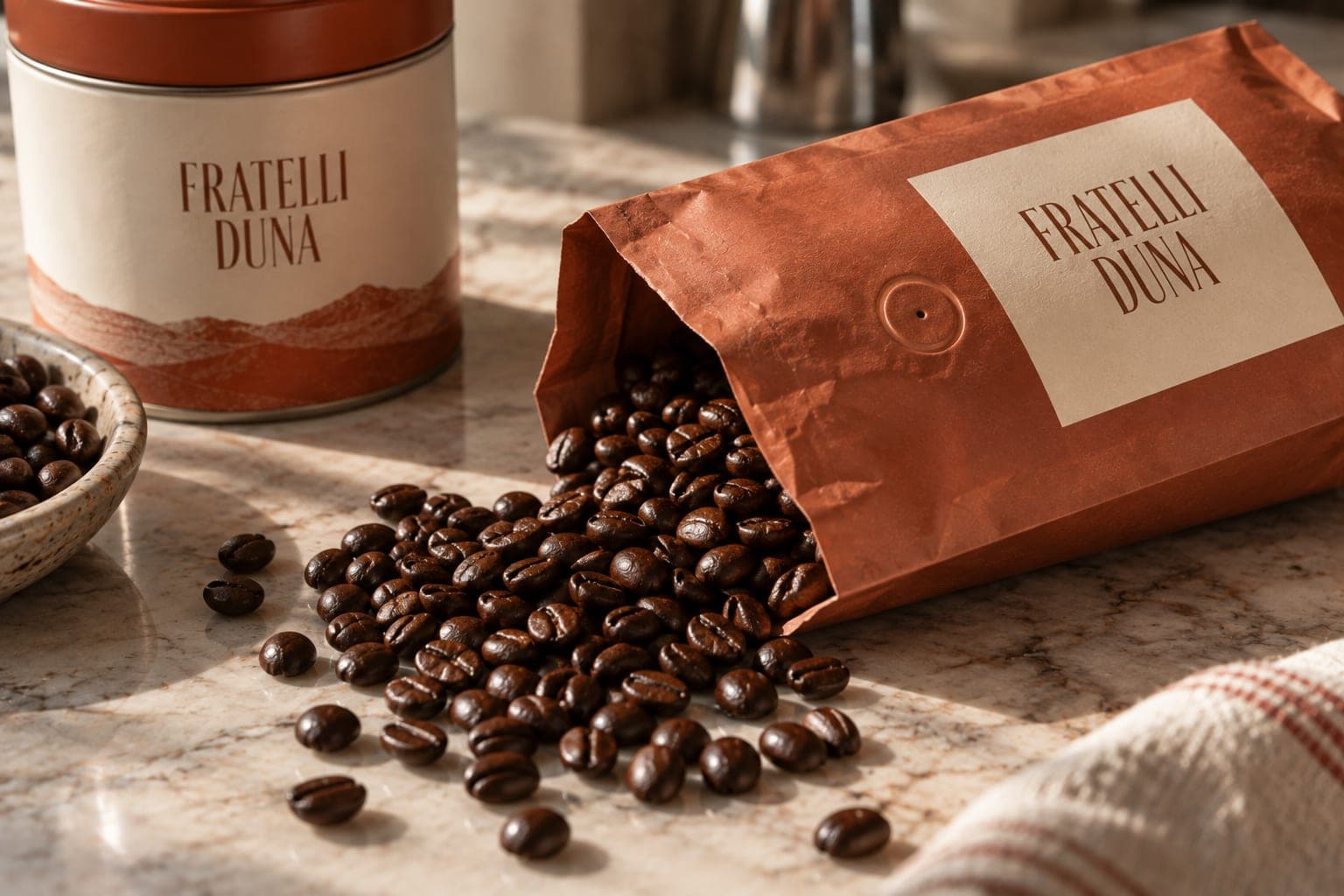 Roasted espresso beans spilling from an open Fratelli Duna bag