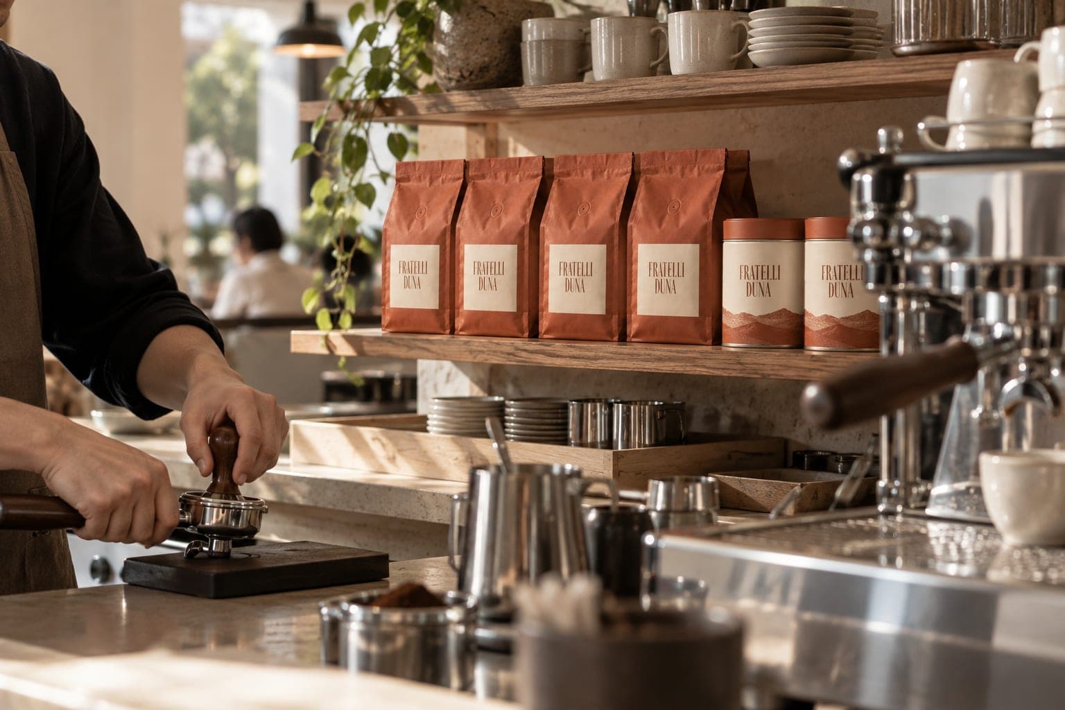 Fratelli Duna bags on the shelf behind an espresso bar in Seoul