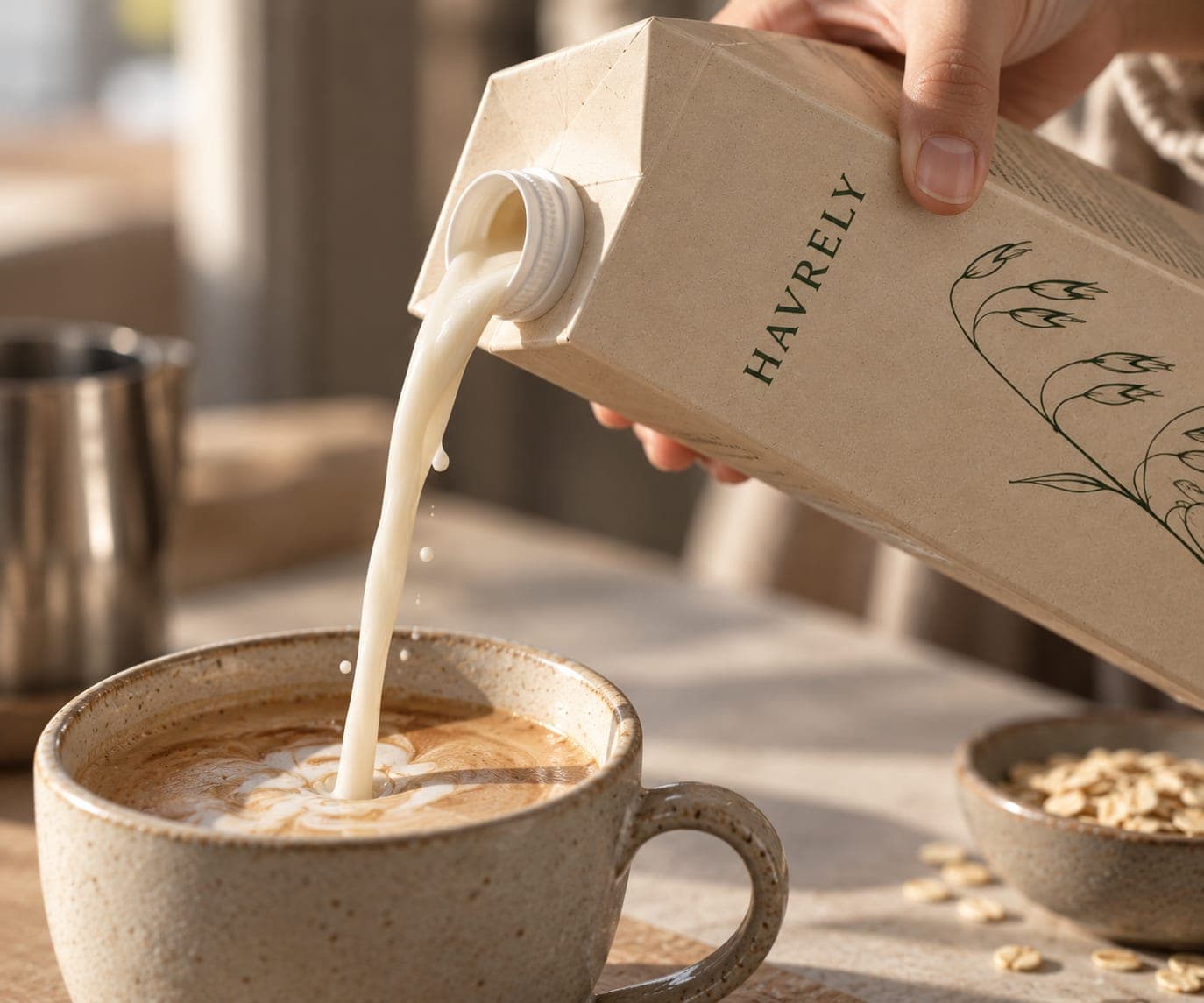 Oat milk pouring from a Havrely carton into a ceramic cup
