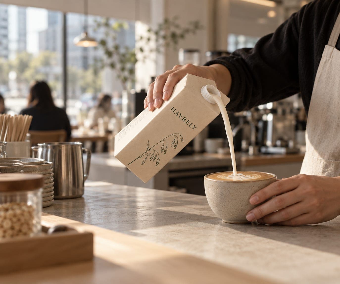 A barista pouring Havrely oat milk into a latte in a Seoul café