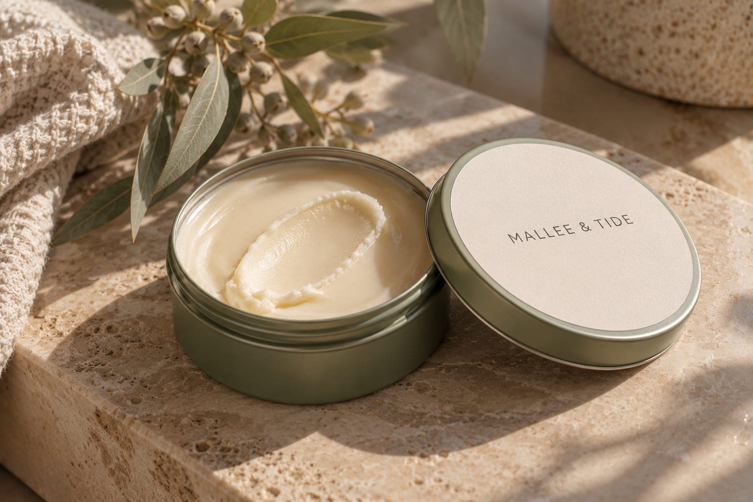 An open tin of Mallee & Tide body balm showing its texture