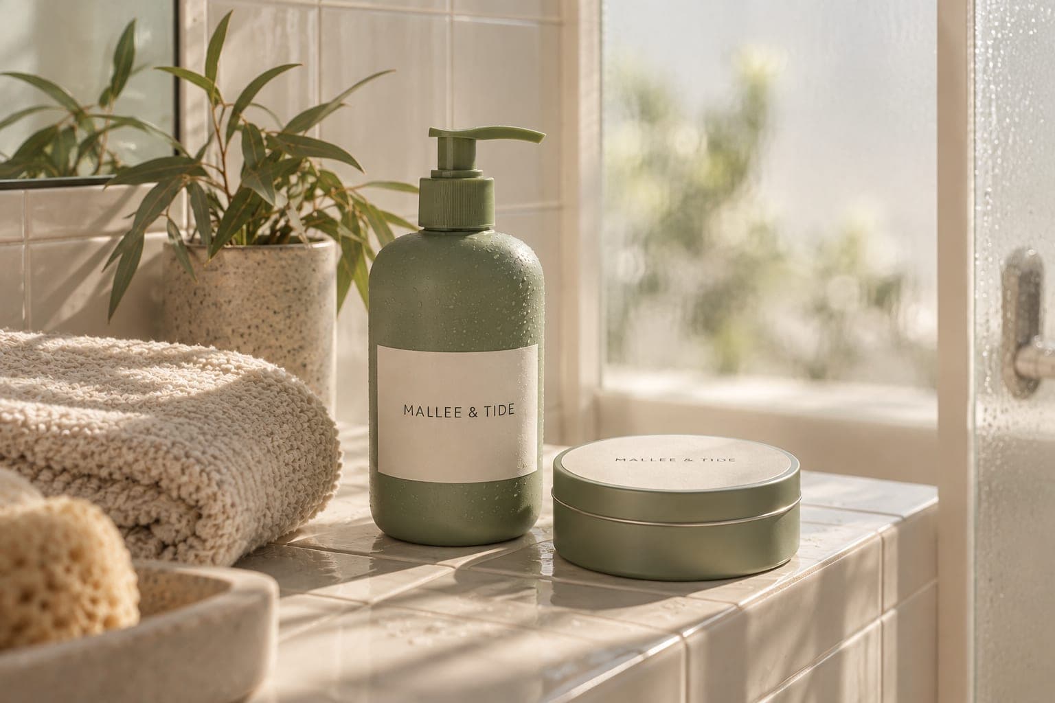 A Mallee & Tide pump bottle on a bathroom shelf in a Seoul apartment
