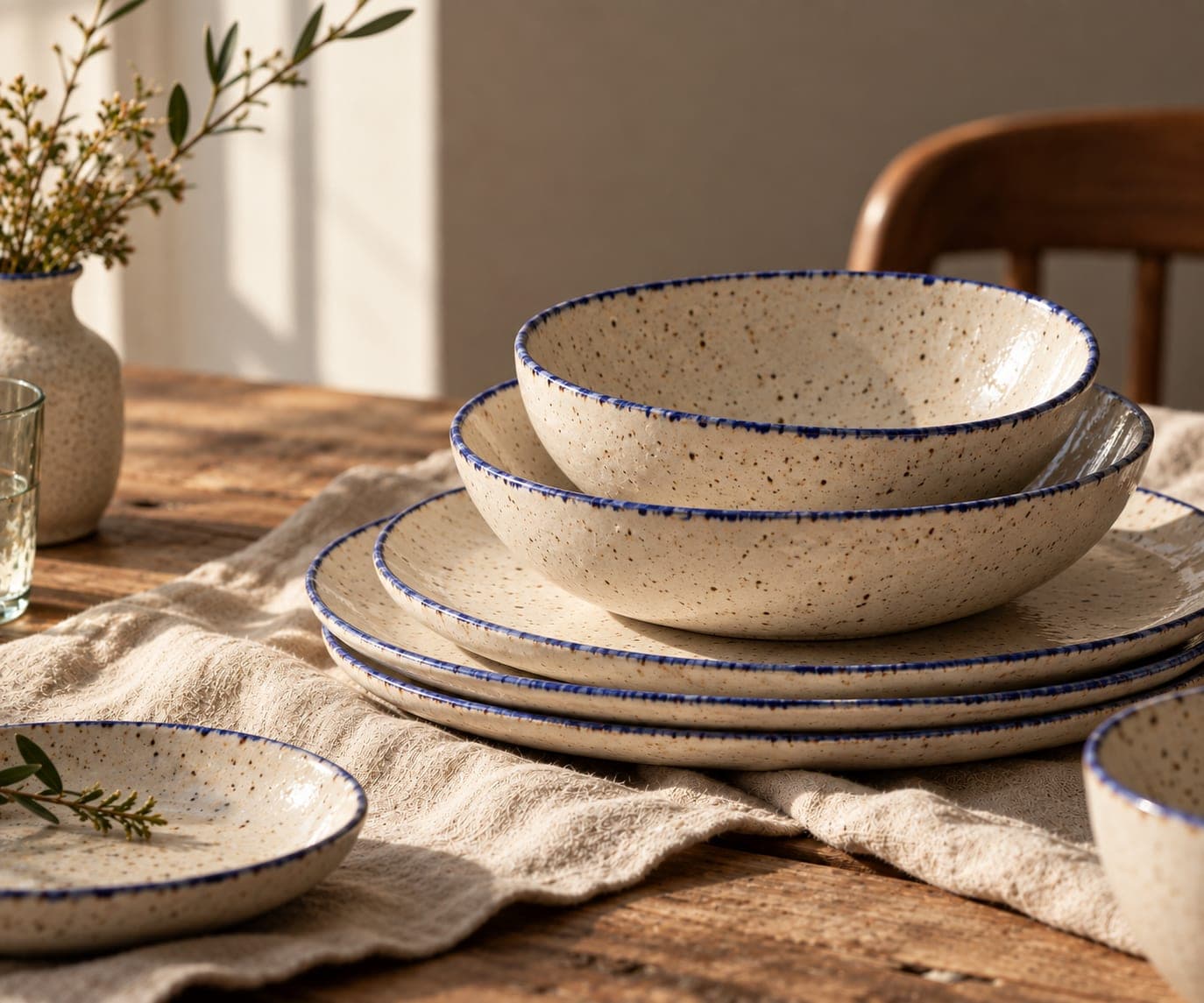 A stack of Oficina Alva speckled stoneware plates and bowls on linen